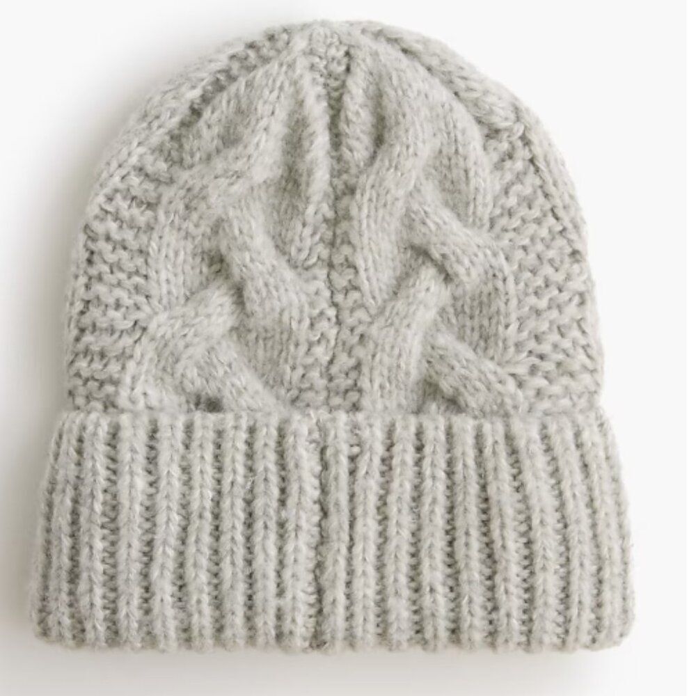 J Crew Women's Cable Knit Beanie Chunky Winter Gray Hat  Ribbed Turnup Hem